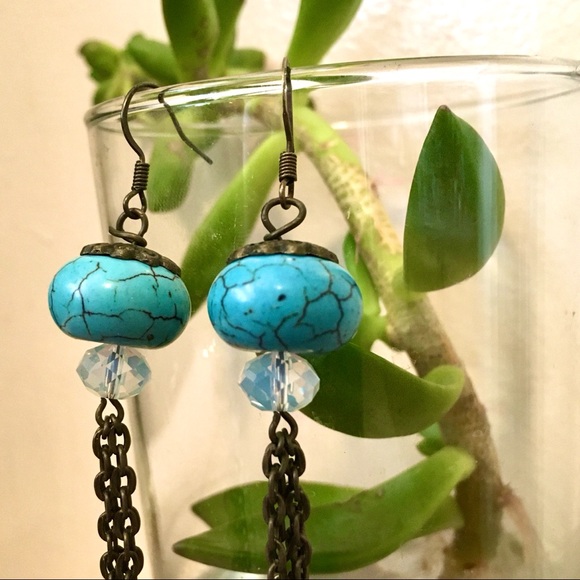 Turquoise Bead and Opalite Boho Statement Earrings - Picture 3 of 5